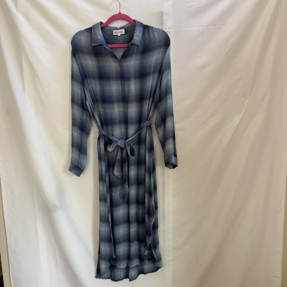 BELLA DAHL Blue White Plaid Button Up Tie Waist Boho Shirt Maxi Dress Size S
